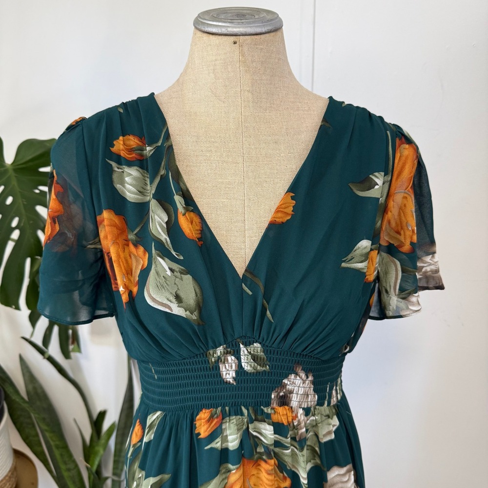 Baltic Born Birdie Maxi Dress Deep Topaz Floral M Teal Orange V-Neck NWT - Picture 2 of 10